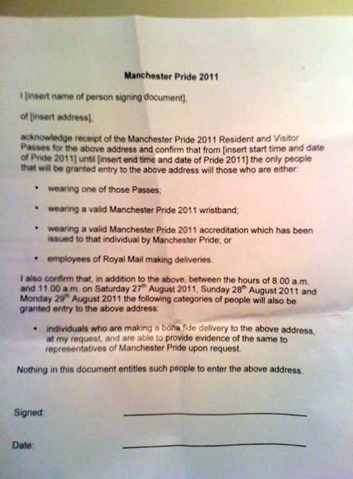 Leter to residents from Manchester Pride in 2011