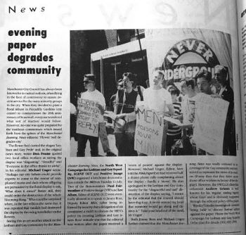 Scene Out, August 1989, reports on a homophobic article in the Manchester Evening News and the subsequent protest. 